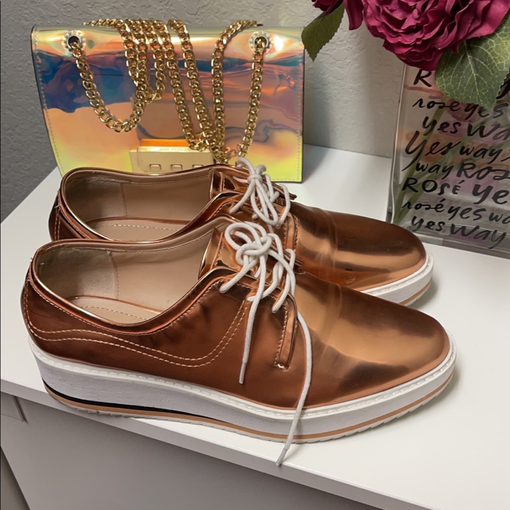 Cutest metallic rose gold loafers